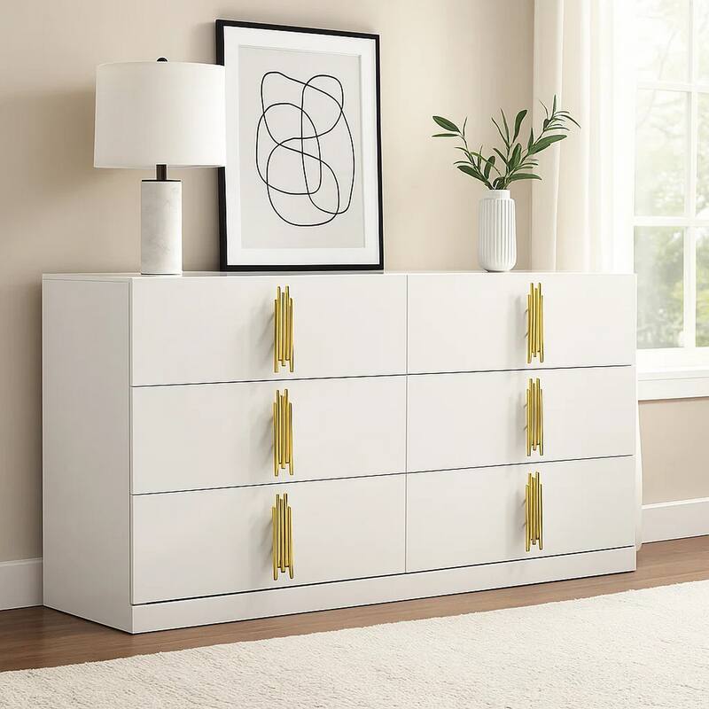 Dyl Wide Dresser, 6 Drawers, White Wood with Gold Accents