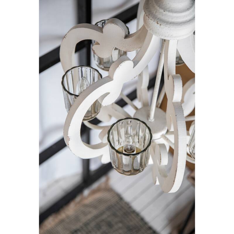 6-Light Wood Chandelier Pendant Light Fixture with Adjustable Chain for Living Room, Exquisite Cream Chandelier Lighting