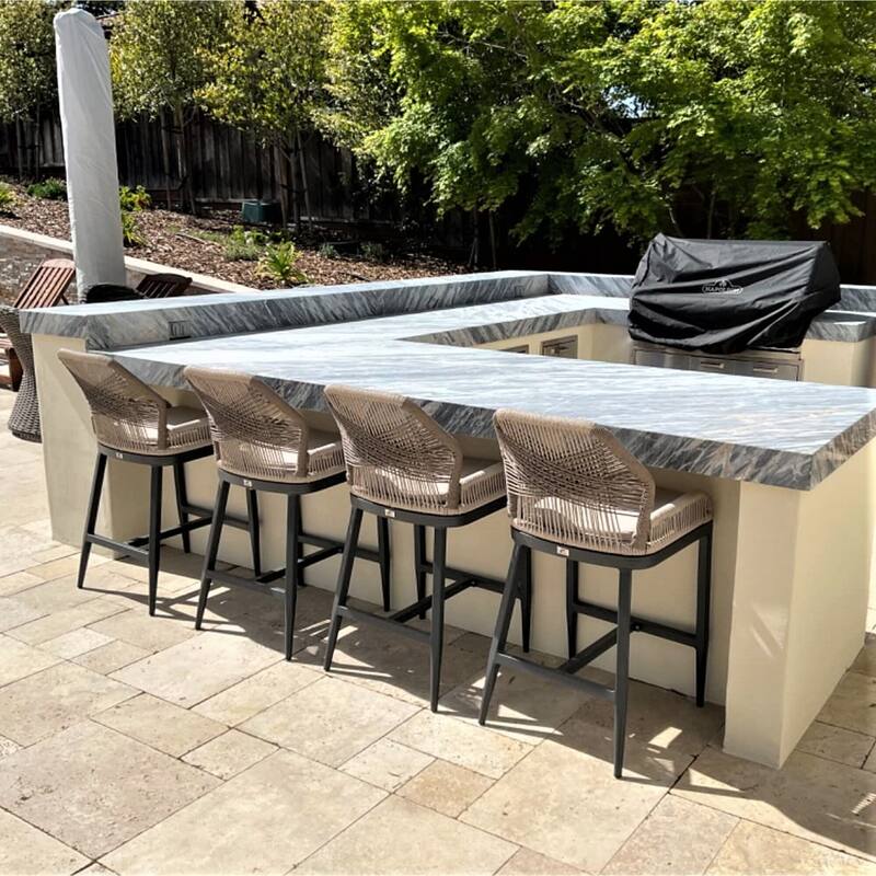 PURPLE LEAF Bar Stools Set of 4 Outdoor Bar Height Metal Stools Modern Wicker Rattan Barstools with Back Aluminum