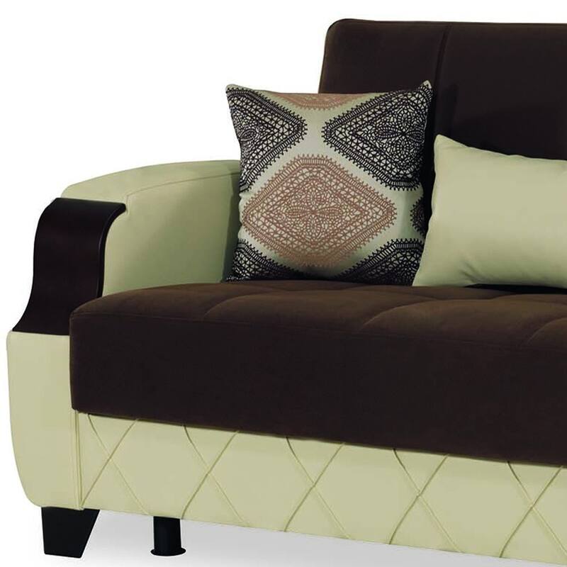 HomeRoots 89" Brown And Cream Microsuede And Faux Leather Convertible Futon Sleeper Sofa And Toss Pillows With Storage