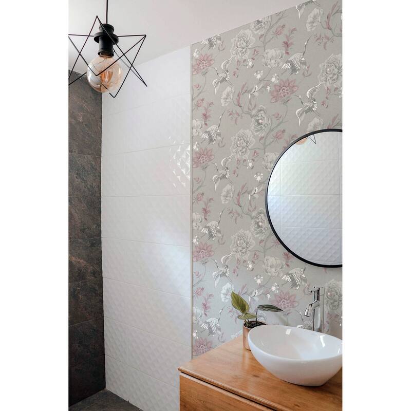 Japanese Floral Crane Grey & Pink Vinyl Wallpaper - 20.8 in. W x 33ft L - Double Roll