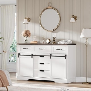 Farmhouse 6 Drawers Dresser for Bedroom with Sliding Barn Doors - Bed ...