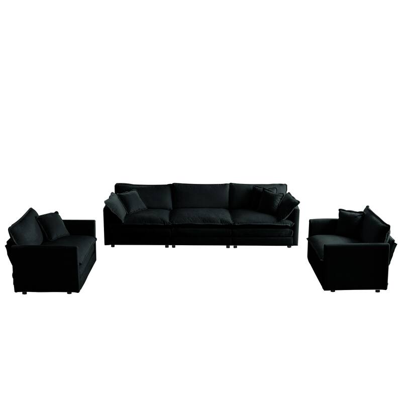 5-Seat Chenille Living Room Sofa Set (3-Seater + 2 Accent Chairs) with Round Arms & Solid Wood Frame