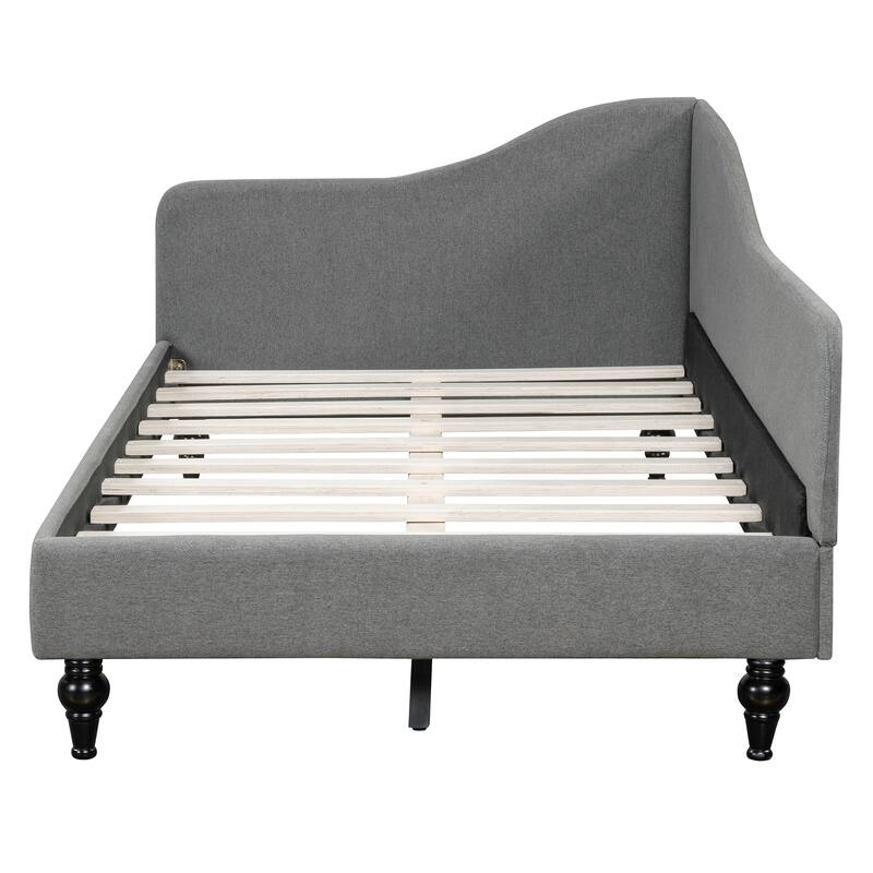 Twin/Full Size Upholstered Daybed, Linen Fabric Sofa Bed with Solid Wood Legs and L Shaped Backrest, Solid Wood Bedframe