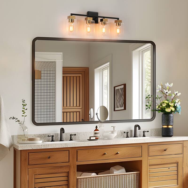 Caylin Mid-Century Modern Black Gold 4-Light Square Bathroom Vanity Lights Dimmable Wall Sconces - 25"L x 5.5"W x 10"H