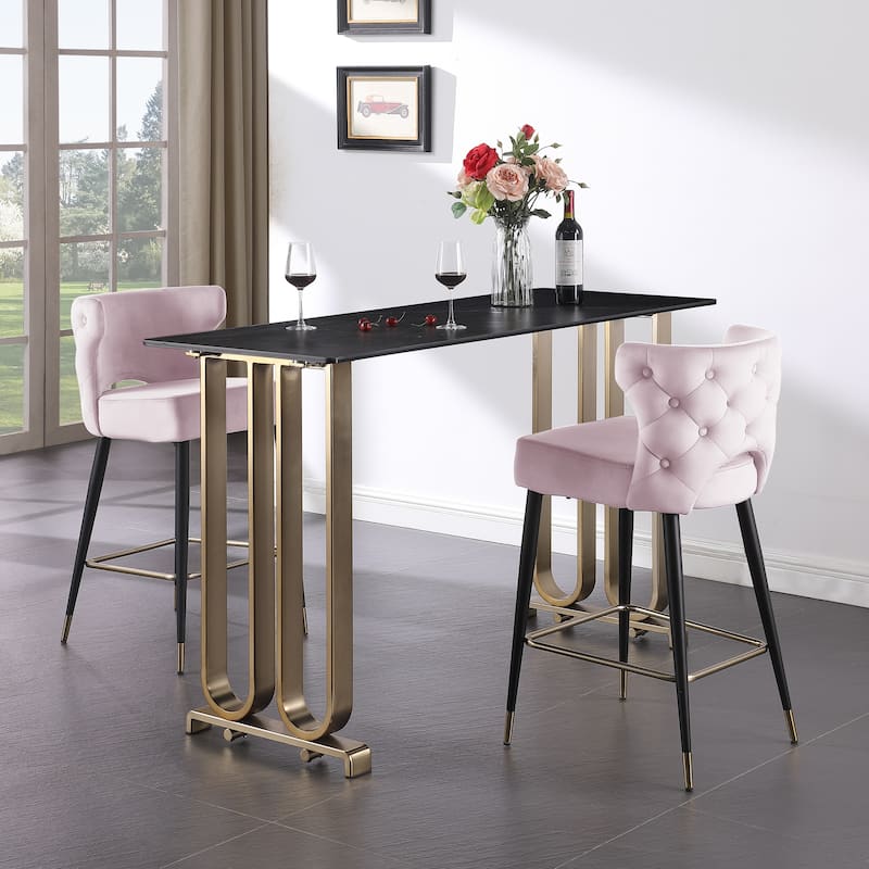 Contemporary Velvet Thick Upholstered Counter Bar Stool Set of 2,with Gold Tipped and Black Metal Legs