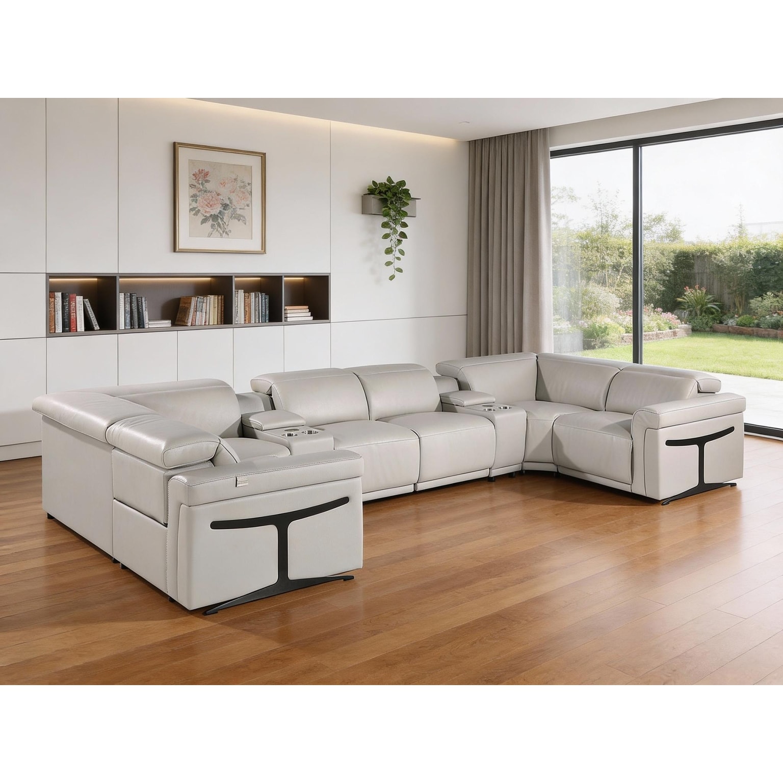 HomeRoots Light Gray Italian Leather Power Reclining U Shaped Eight Piece Corner Sectional With Console