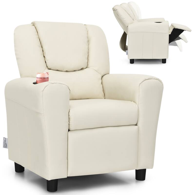 Costway Kids Recliner Chair PU Leather Armrest Sofa w/Footrest Cup - Beige