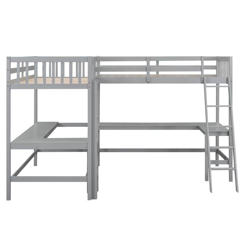 Space-Saving Twin L-Shaped Loft Bed with 2 Built-in Desks, Ladder, and Wooden Slat Support