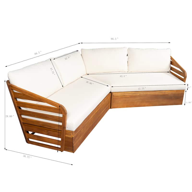 Roomfitters Outdoor Acacia Wood Patio V-Shaped Sofa Sectional Set with Cushions, Beige