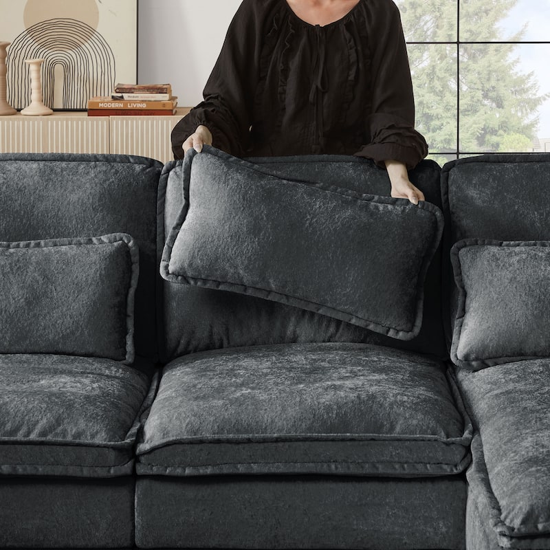 113" Chenillle U Shaped Sectional Sofa with Toss Pillows