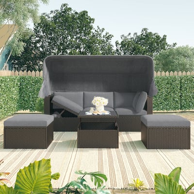 4 Pcs Patio Furniture Set, Outdoor Sectional Sofa Set, Rattan Daybed with Retractable Canopy, Coffee Table with Lifting Top