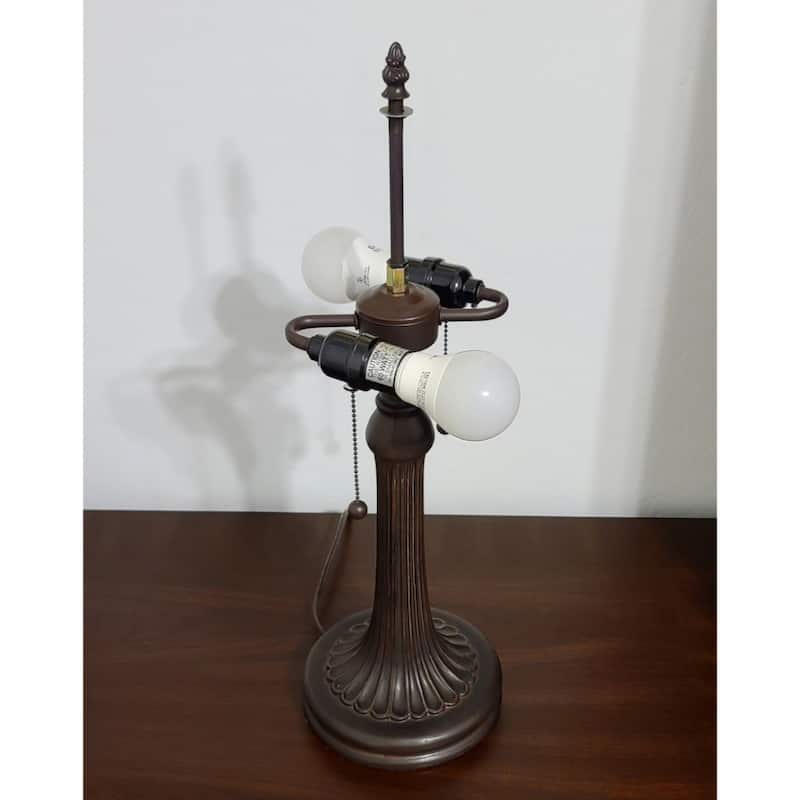 Vintage Stained Glass Two Light Table Lamp with Dark Brown Metal Base - 12” x 21” x 23”