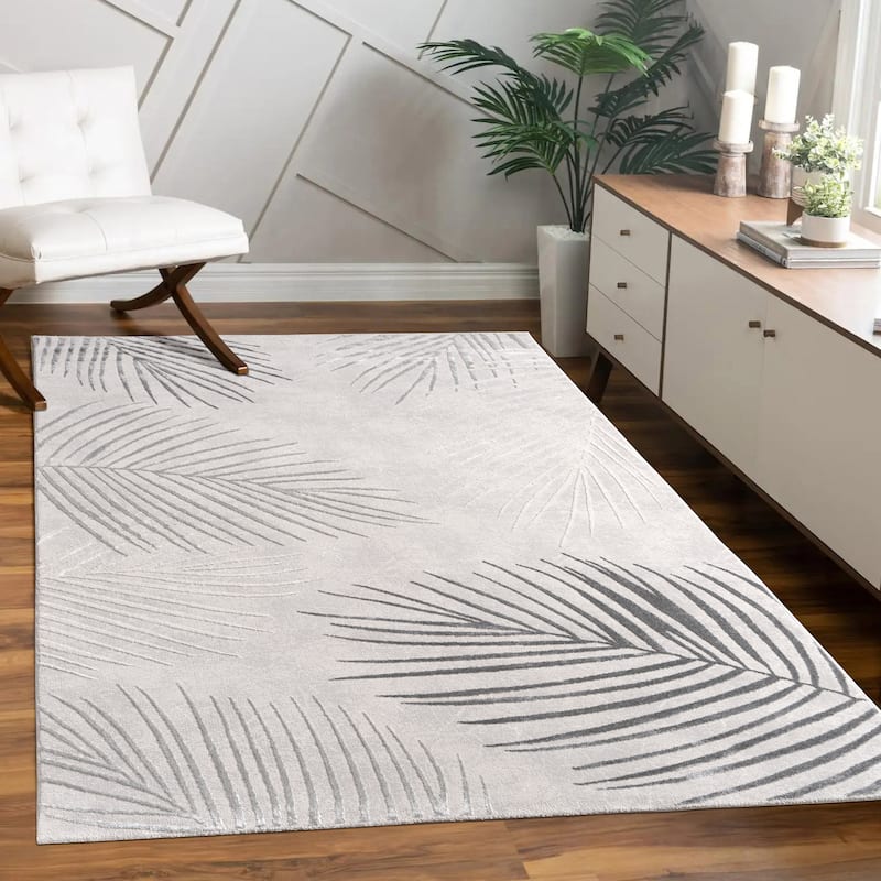 Elegant Area Rug with Textured Palm Leaf Design - grey - 6'7" x 9'6"