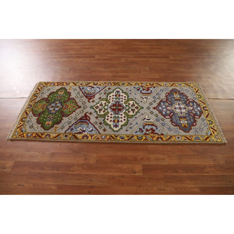Geometric Kazak Indian Rug Hand-Knotted Wool Carpet - 2'6"x 6'0"