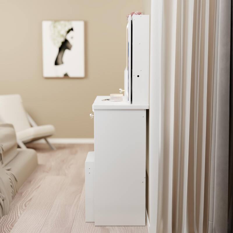 Anmytek Small Space 29.2 Inch Vanity Table with Extra Large Sliding Mirror Left Drawer Multi Layer Storage and Cushioned Stool