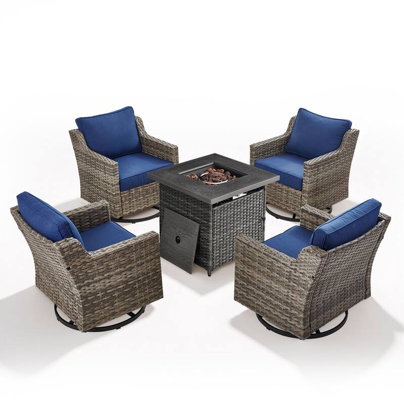 Glissia 5-Piece Gray Wicker Swivel Glider Fire Pit Set with Square Wicker Fire Table