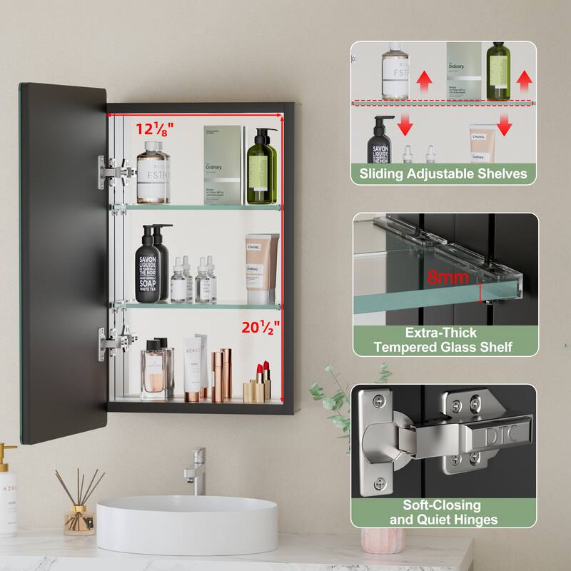 Mira Rectangular Frameless Medicine Cabinet with Mirror, Sliding Adjustable Glass Shelves, Reversible Door