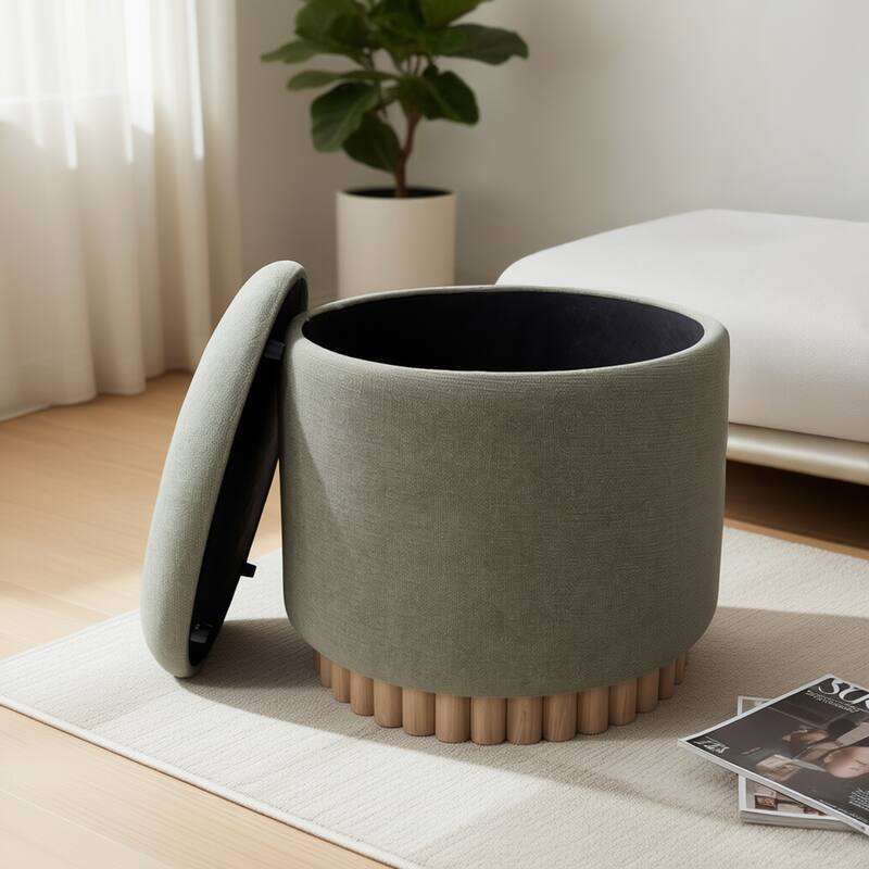Modern Fabric and Solid Wood Round Storage Ottoman