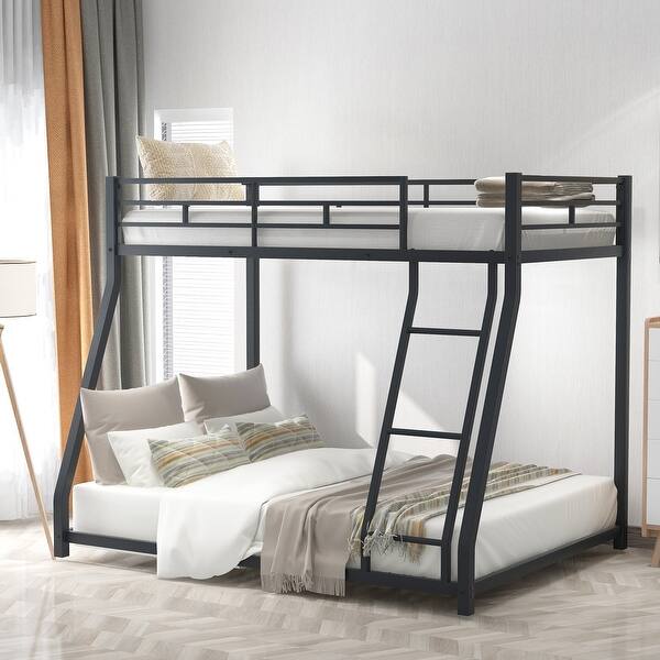 slide 2 of 11, Black Twin over Full Size Metal Floor Bunk Bed with Fence and Ladder for Kids, Bedroom Black