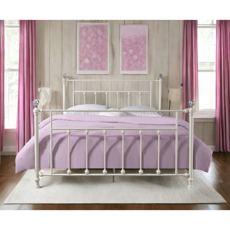 Queen Size Metal Panel Bed Frame with Crystal Accents and Spindle Design - White