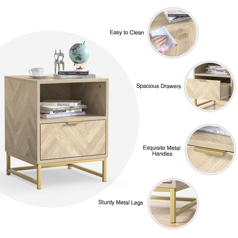 Anmytek Contemporary 1-Drawer Wood Nightstand for Bedroom Bedside Table with Open Shelf