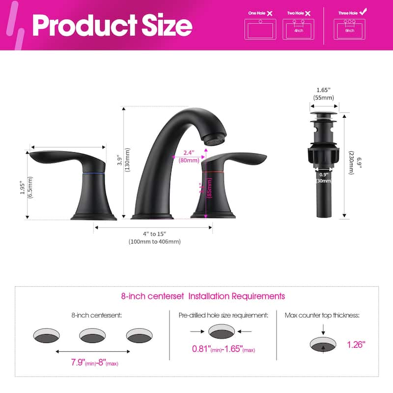Proox 8 inch Widespread Two Handles Bathroom Sink Faucet with Pop Up Drain