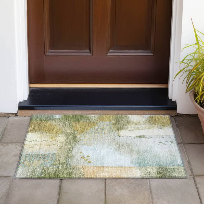 Machine Washable Indoor/Outdoor Modern Abstract Chantille Rug - Green - 1'8" x 2'6"