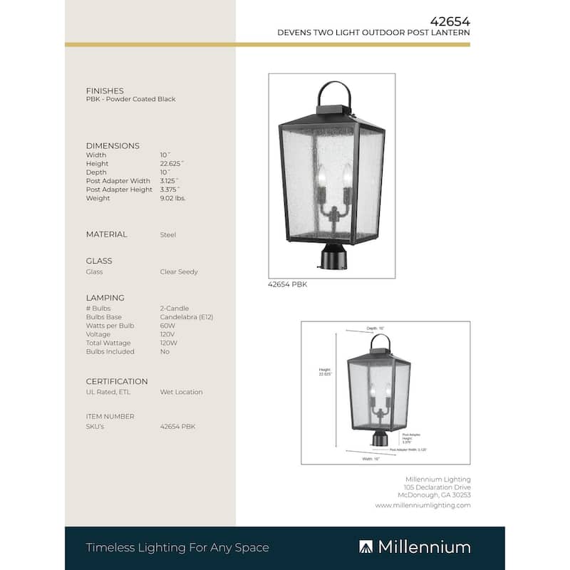 Millennium Lighting Devens 2 Light 22.625 inch Outdoor Post Lantern