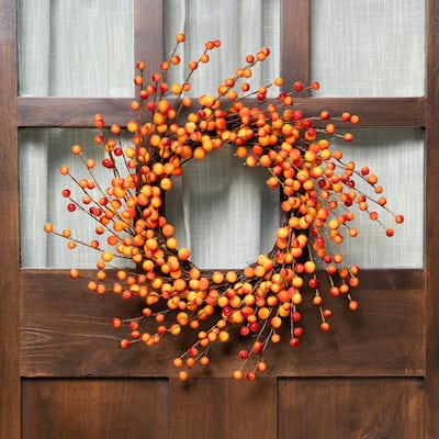 14" Orange Red Berry Artifical Fall Harvest Twig Wreath, 14", Unlit