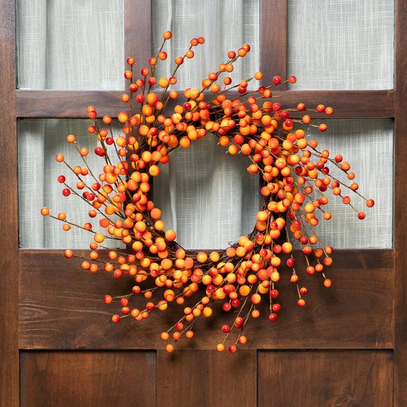 14" Orange Red Berry Artifical Fall Harvest Twig Wreath, 14", Unlit