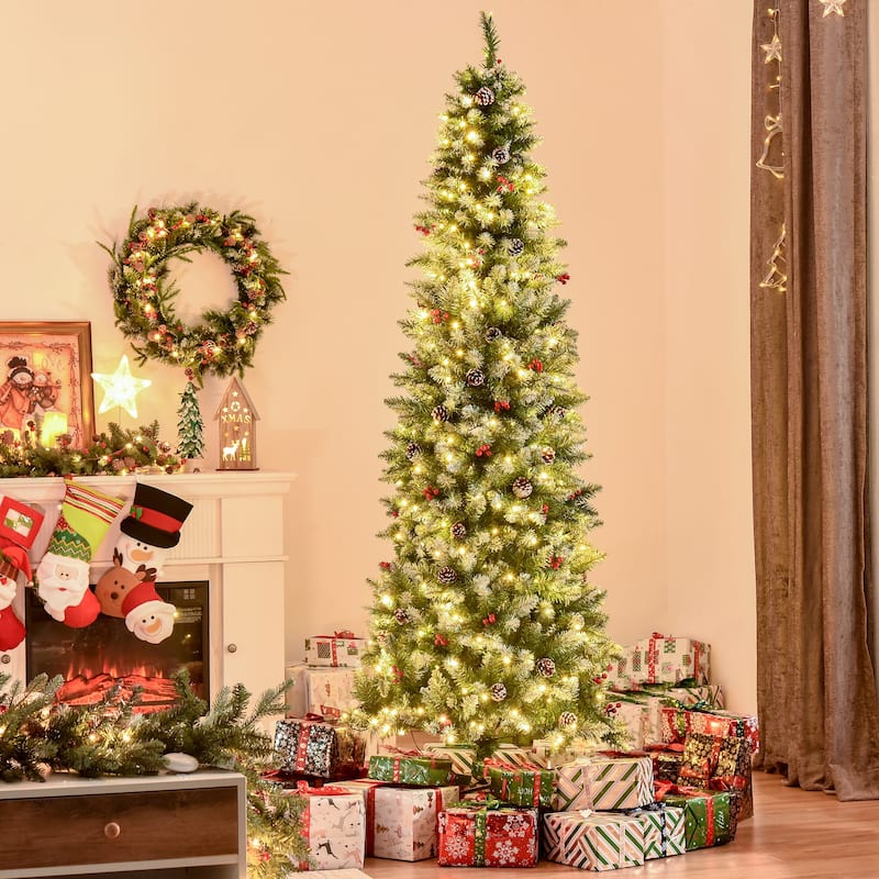 HOMCOM Pre-Lit Snow-Dipped Artificial Tree - Realistic Branches, LED Lights, Pine Cones, Red Berries - Green