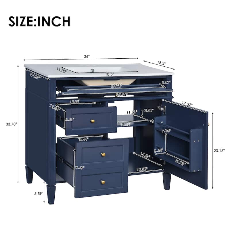 36" Bathroom Vanity with Ceramic Sink, Ample Storage with 2 Drawers and Tip-out Drawer, Modern Design