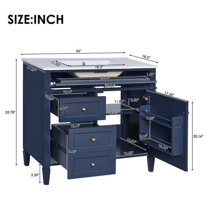 Modern Single Sink Bathroom Vanity Cabinet with Door Rack, Tip-out Drawer, 2 Pull-out Drawers, Metal Knobs and Adjustable Shelf