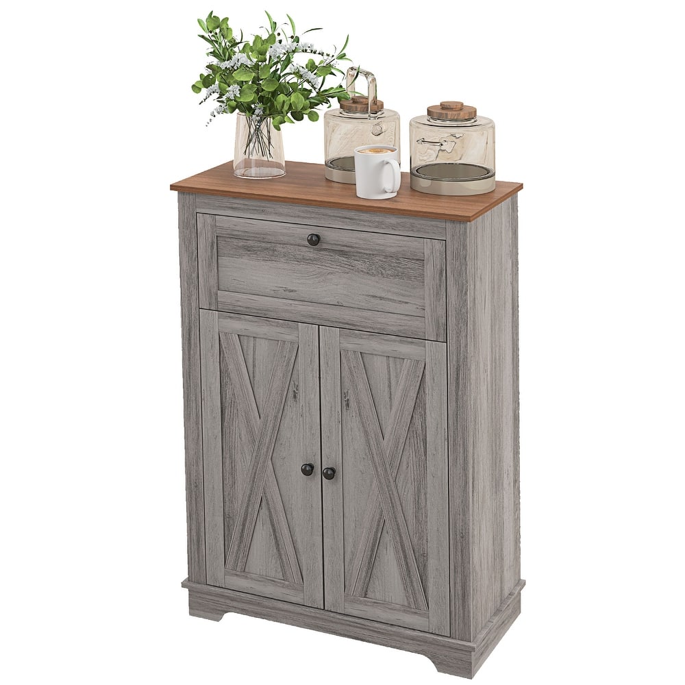 Farmhouse Barn Door Accent Cabinet, Kitchen Sideboard Storage Cabinet with Double Doors, Drawer, and Adjustable Shelf