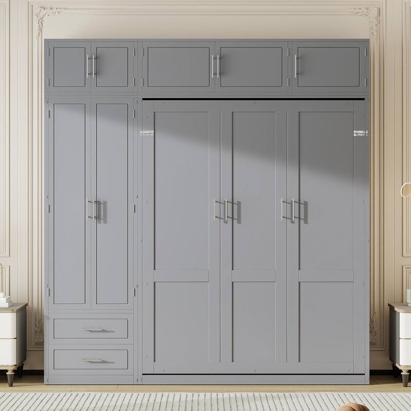 Queen Size Murphy Bed with Cabinet & Wardrobe - Space Saving Wall Bed with Shelves, Foldable Bed for Small Rooms & Home Office