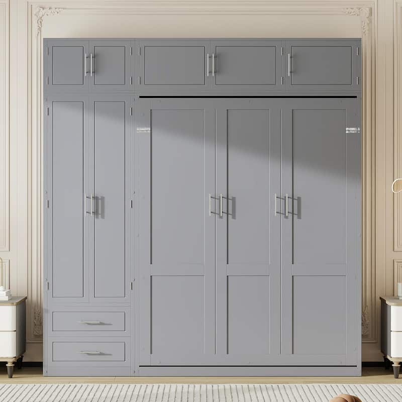 Queen Size Wall Murphy Bed with Top Cabinet, Shelves, and Side Wardrobe