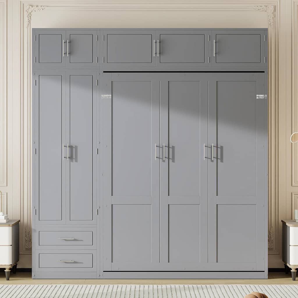 Queen Size Wall Murphy Bed with Top Cabinet, Shelves, and Side Wardrobe