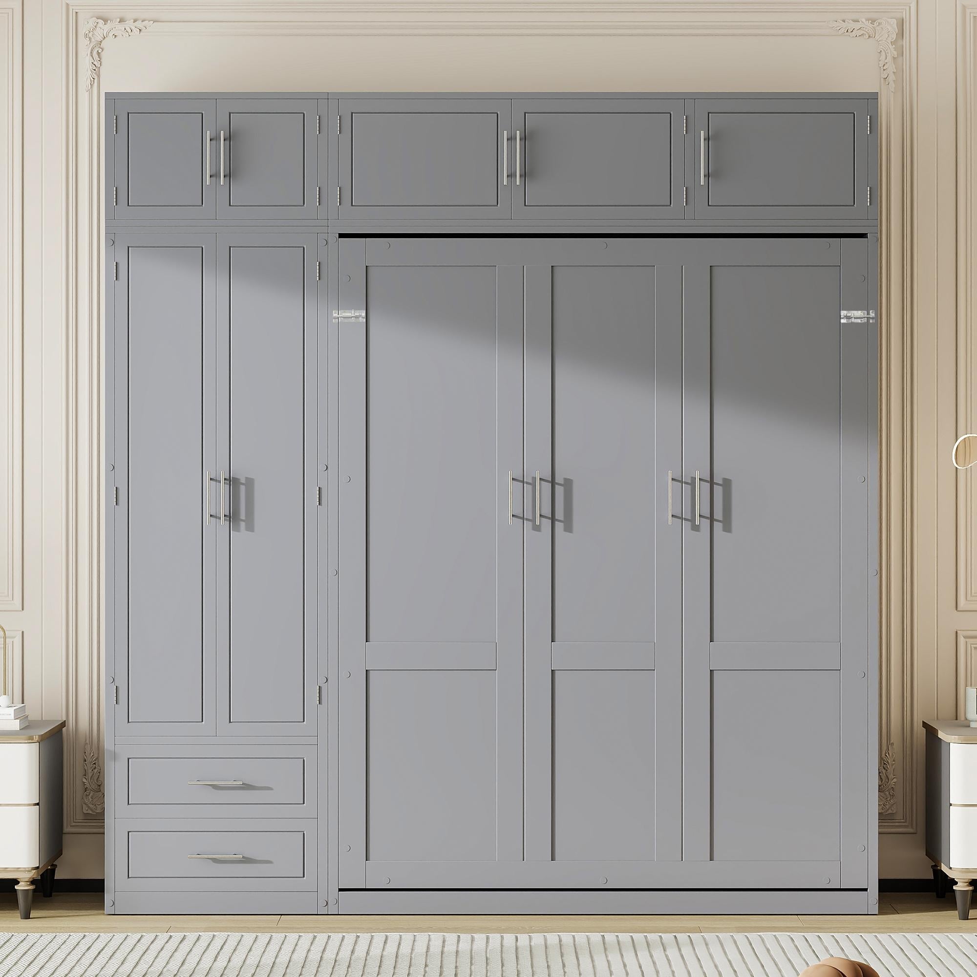 Roomfitters Queen Murphy Wall Bed with Top Cabinet, Wardrobe and Storage Drawers, Integrated Shelves