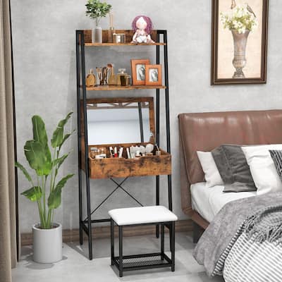Vanity Table Set Flip Top Mirror Ladder Storage Shelf Cushioned Stool