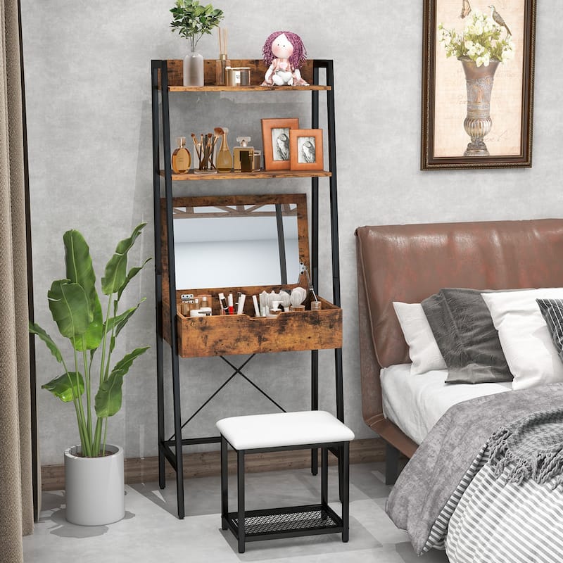 Vanity Table Set Flip Top Mirror Ladder Storage Shelf Cushioned Stool