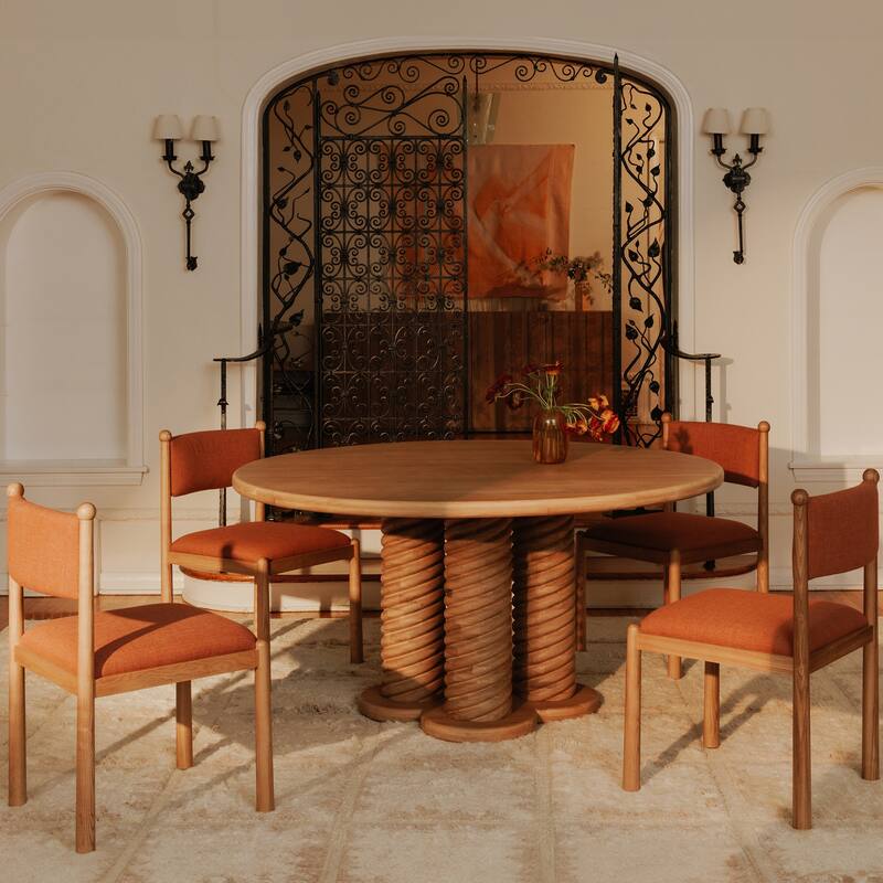 NADAAL STUDIOS Solien Dining Chair, Solid Ash Frame, Deep Pink Linen‑Blend Upholstery, Finial Detail