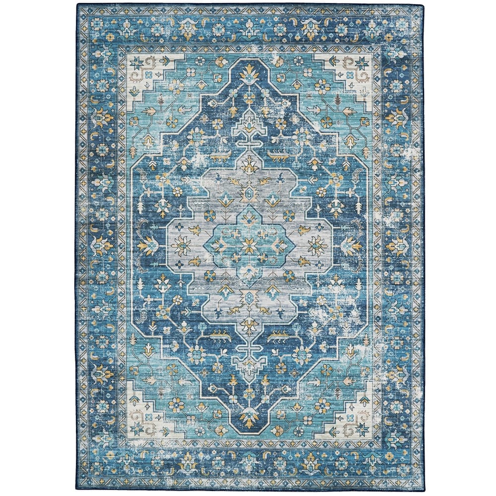 Sariah Machine Washlable Teal and Ivory Area Rug