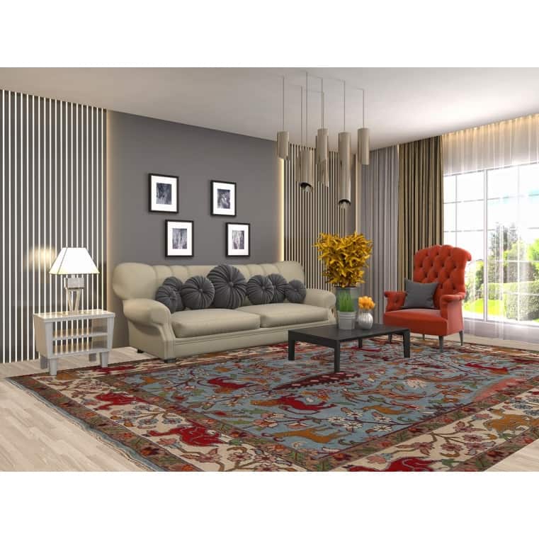 Hunting Animals Blue Ziegler Indian Area Rug Hand-Knotted Wool Carpet - 8'10"x 12'2"