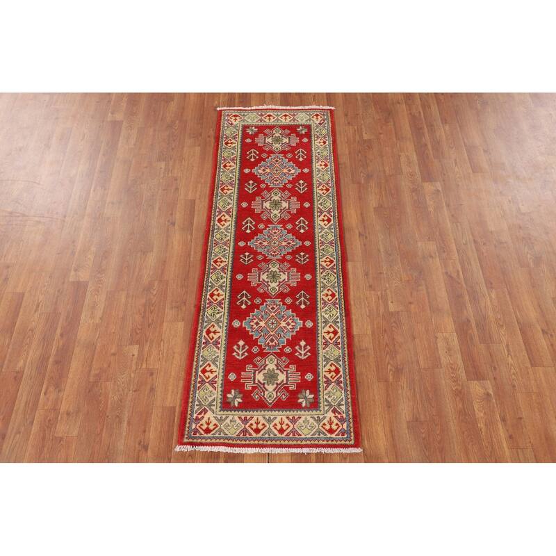 Red Geometric Kazak Oriental Runner Rug Handmade Wool Carpet - 2'1" x 5'10"