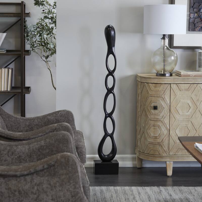 Aluminum Metal Abstract Tall Linked Floor Decorative Sculpture with Black Base - Black, Gold, Silver - Roche River Decor