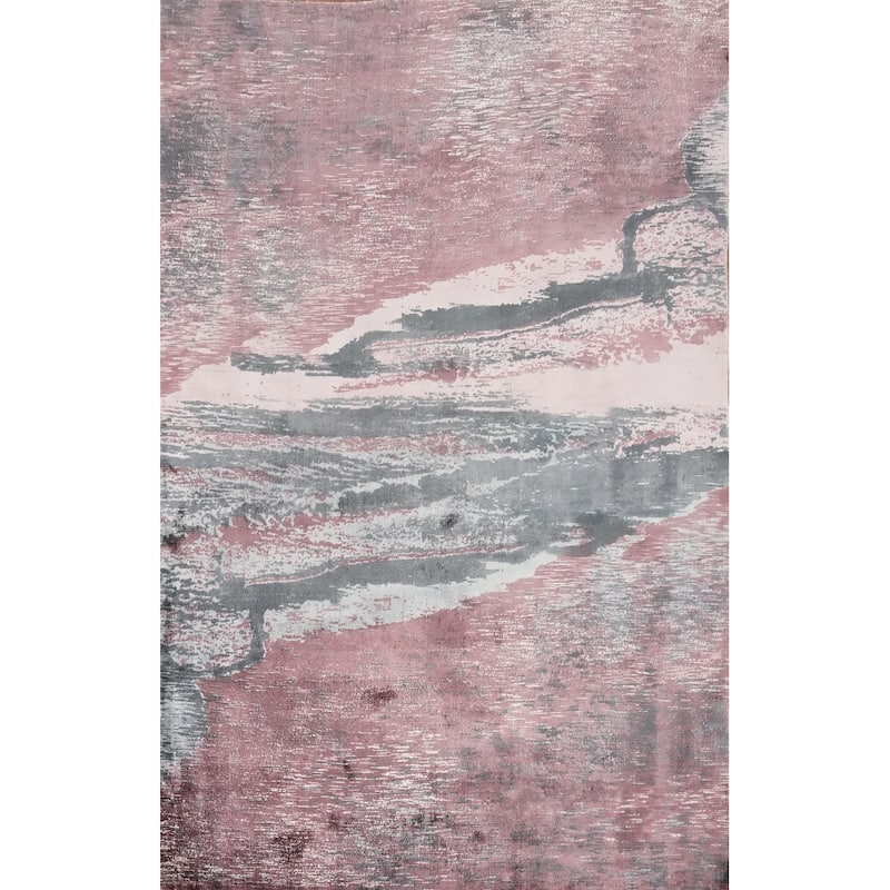 Hand Knotted Oriental Viscose Silk Carpet Modern Pictorial Pink Abstract Area Rug - 7' 8'' X 5' 6''