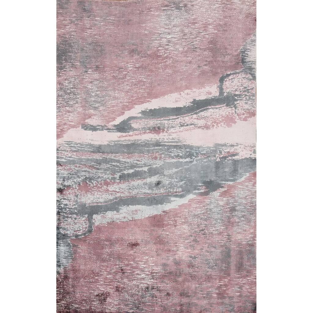 Hand Knotted Oriental Viscose Silk Carpet Modern Pictorial Pink Abstract Area Rug - 7' 8'' X 5' 6''