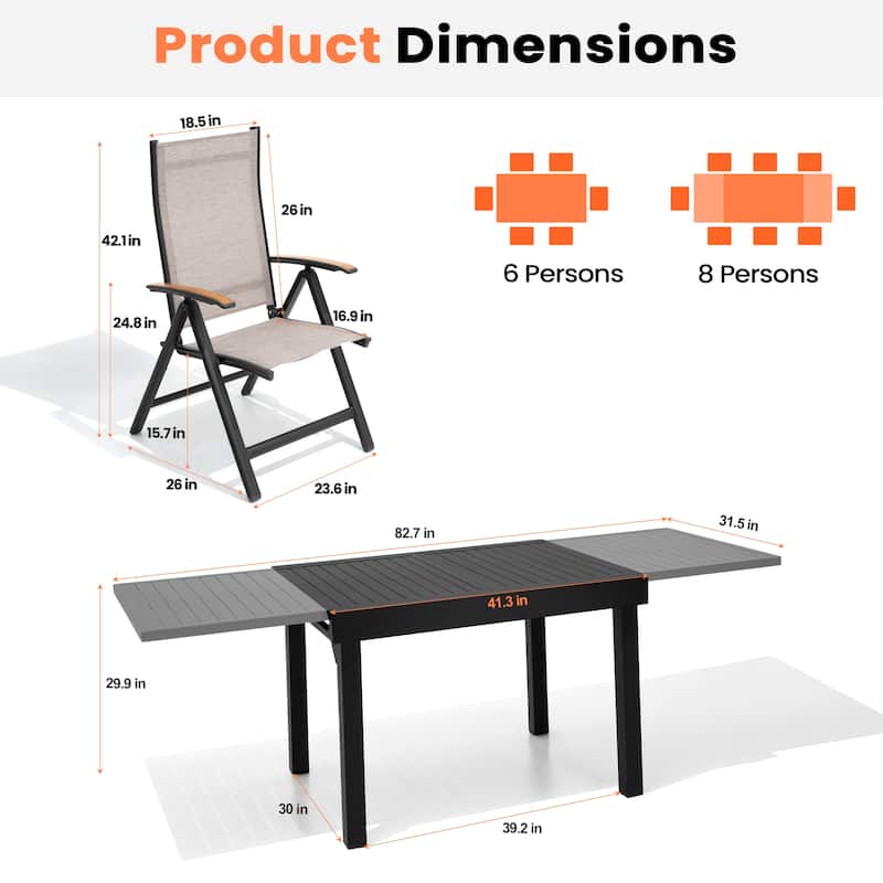 5/7/9/11-Piece Outdoor Patio Aluminum Expandable Rectangle Dining Table with Folding Chairs Set