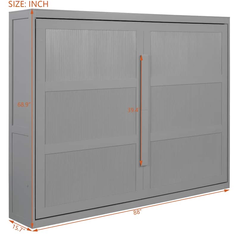 Queen Size Horizontal Murphy Bed Wooden Wall Platform Bed Frame with LED Lights